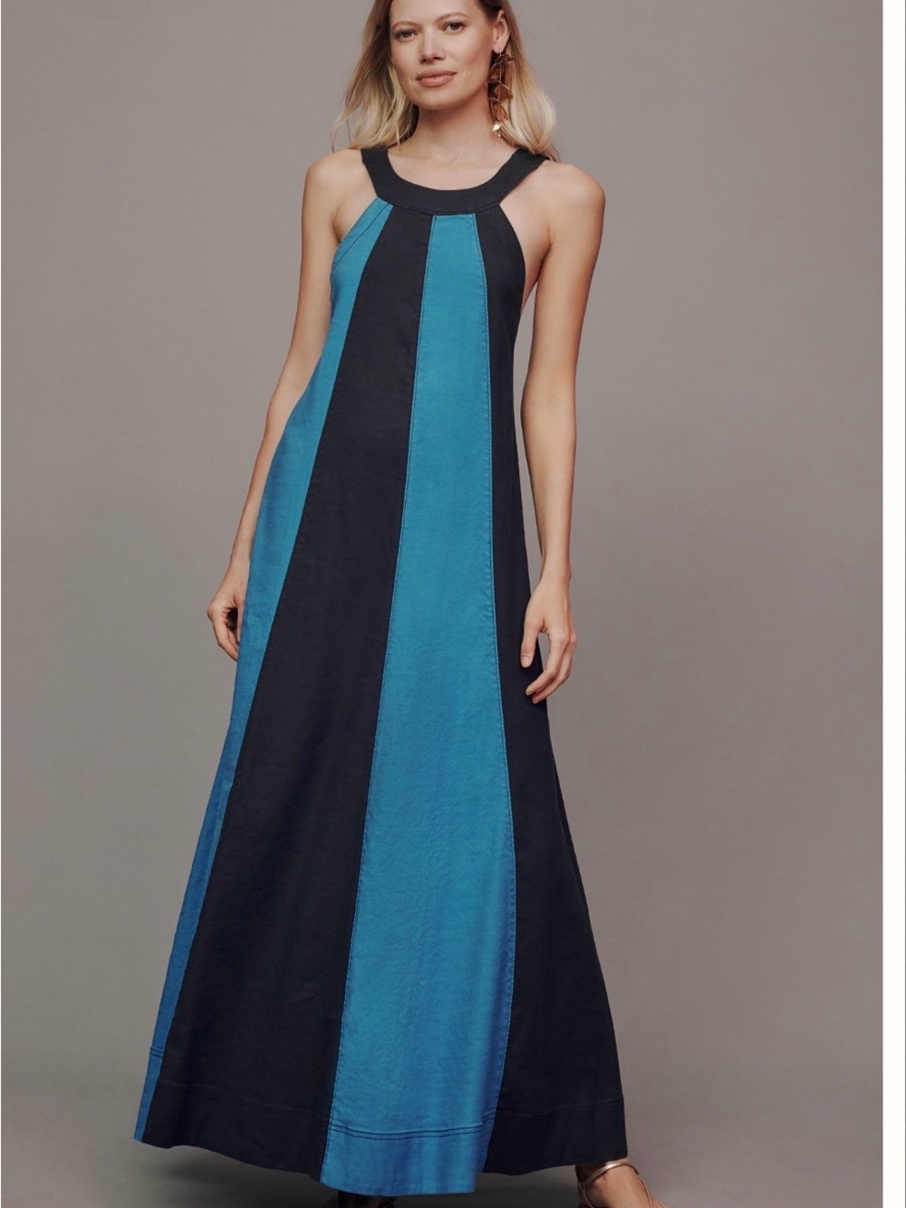 Maeve Teal and Black Vertical-Panel Maxi Dress